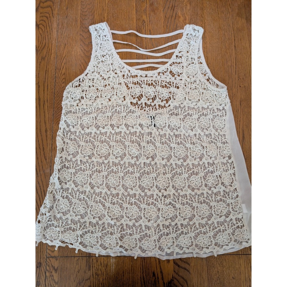 Maurices Cream Floral Lace Sleeveless Top Chiffon Back Ladder Neck XL Boho